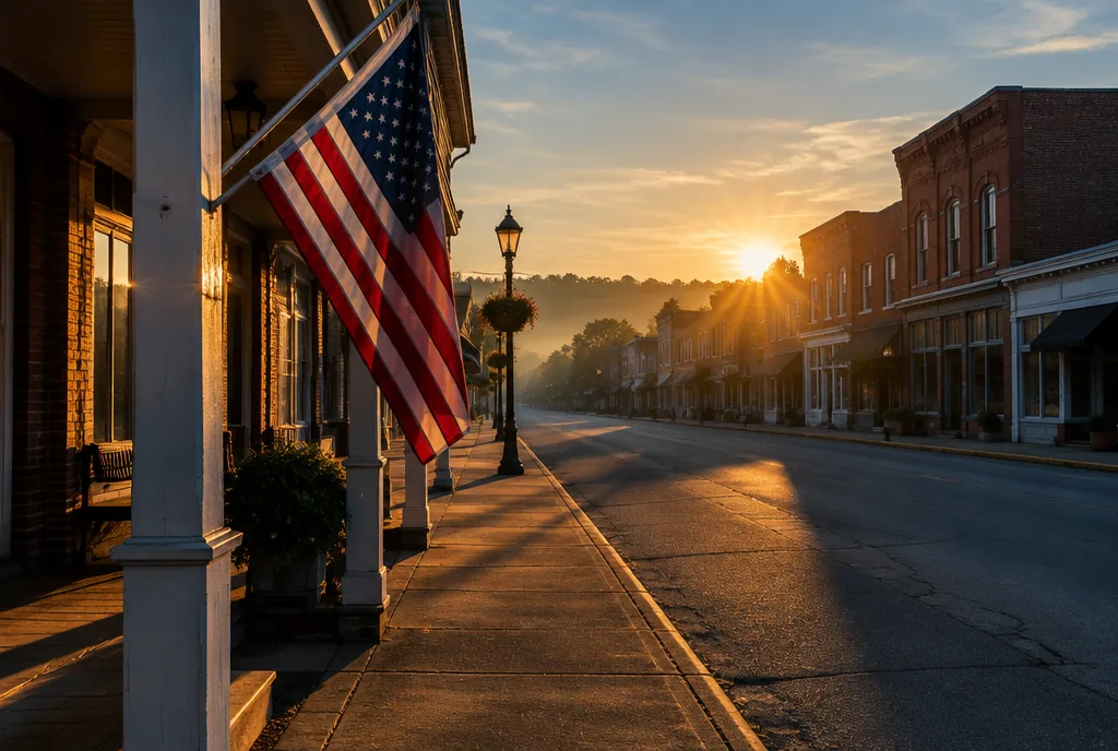 A small-town main street at sunrise with an American flag on a porch